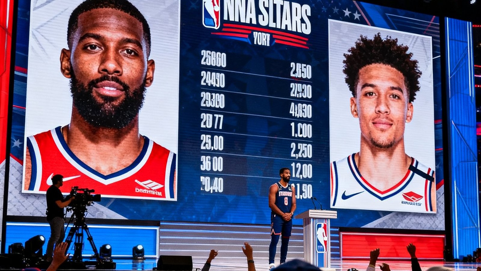NBA全明星赛投票结果公布的现场大屏幕，显示着球员得票数据和照片