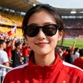 一位戴着墨镜的年轻女性球迷头像，背景是球场观众席