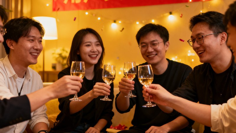 飞球直播庆祝用户突破500万的内部庆祝活动照片，团队成员举杯庆祝